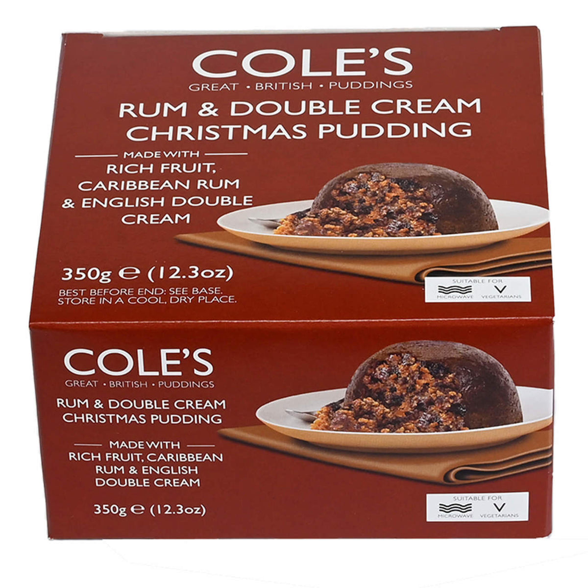 Box of Cole's Rum & Double Cream Christmas Pudding on a white background