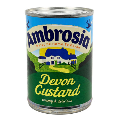Can of Ambrosia Devon Custard with a scenic label on a white background