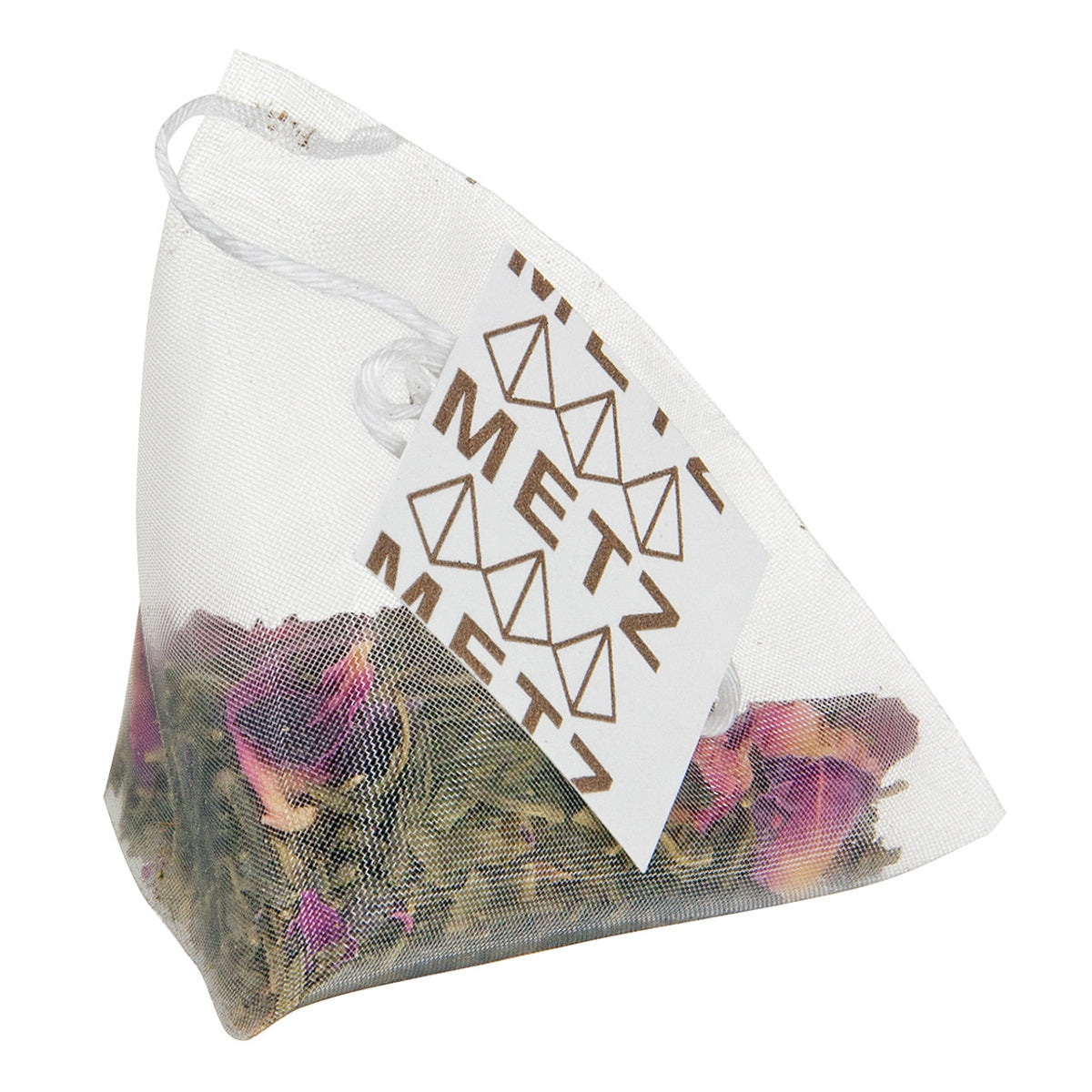 Tea bag with visible brand name 'Metz' on a white background