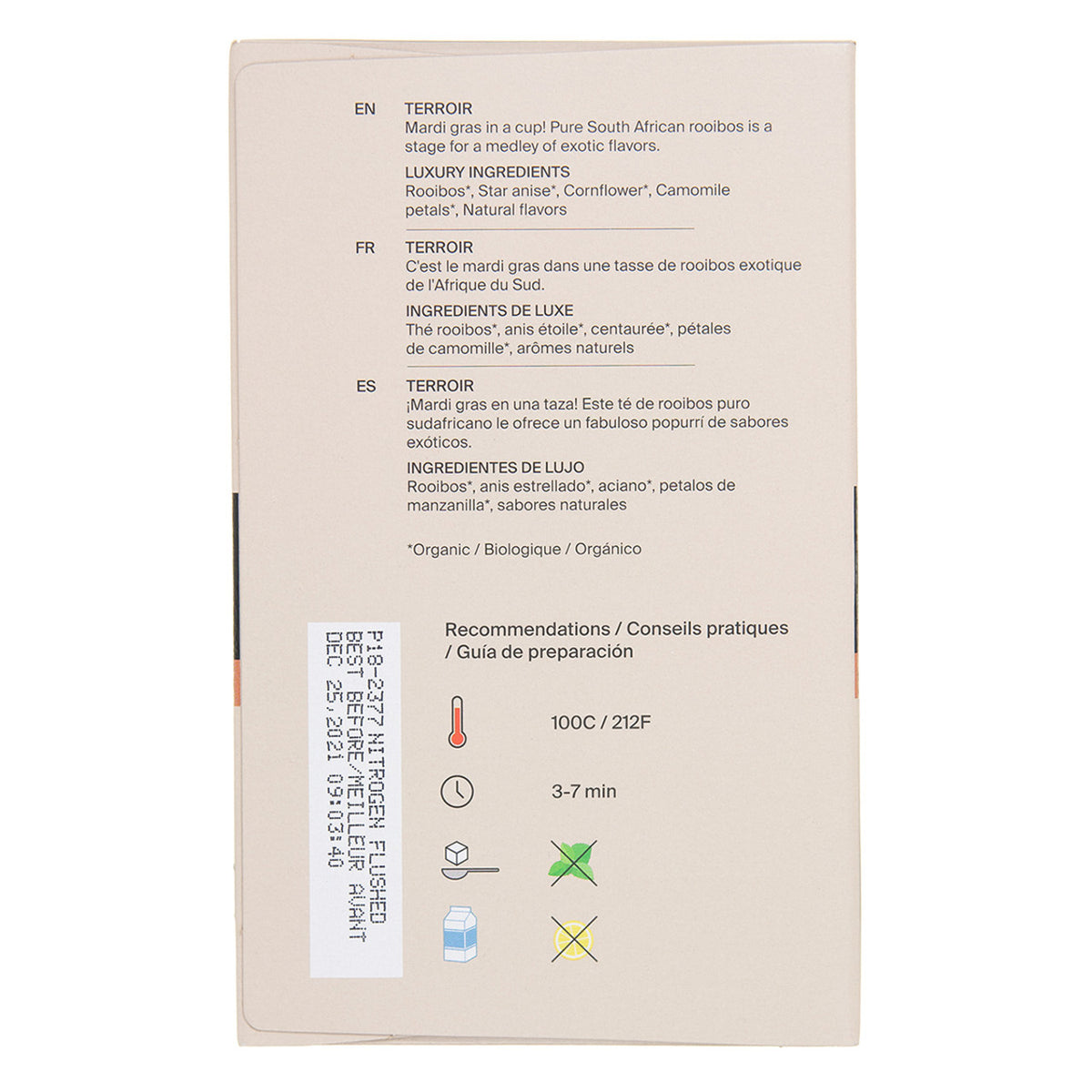 Product label with text and icons on a beige background