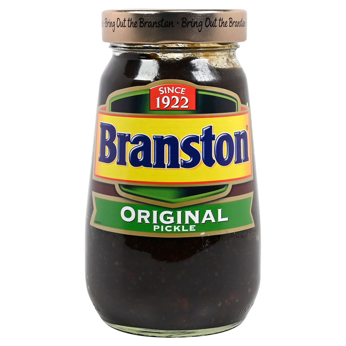 Jar of Branston Original Pickle with visible label on a white background