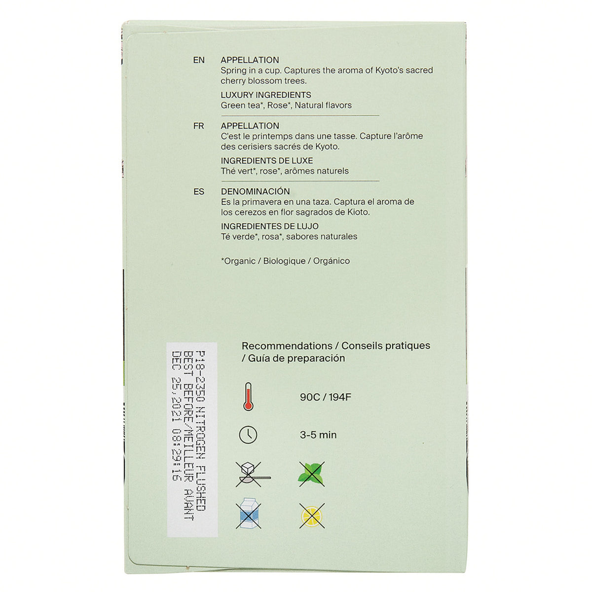 Product packaging with text and symbols on a light green background