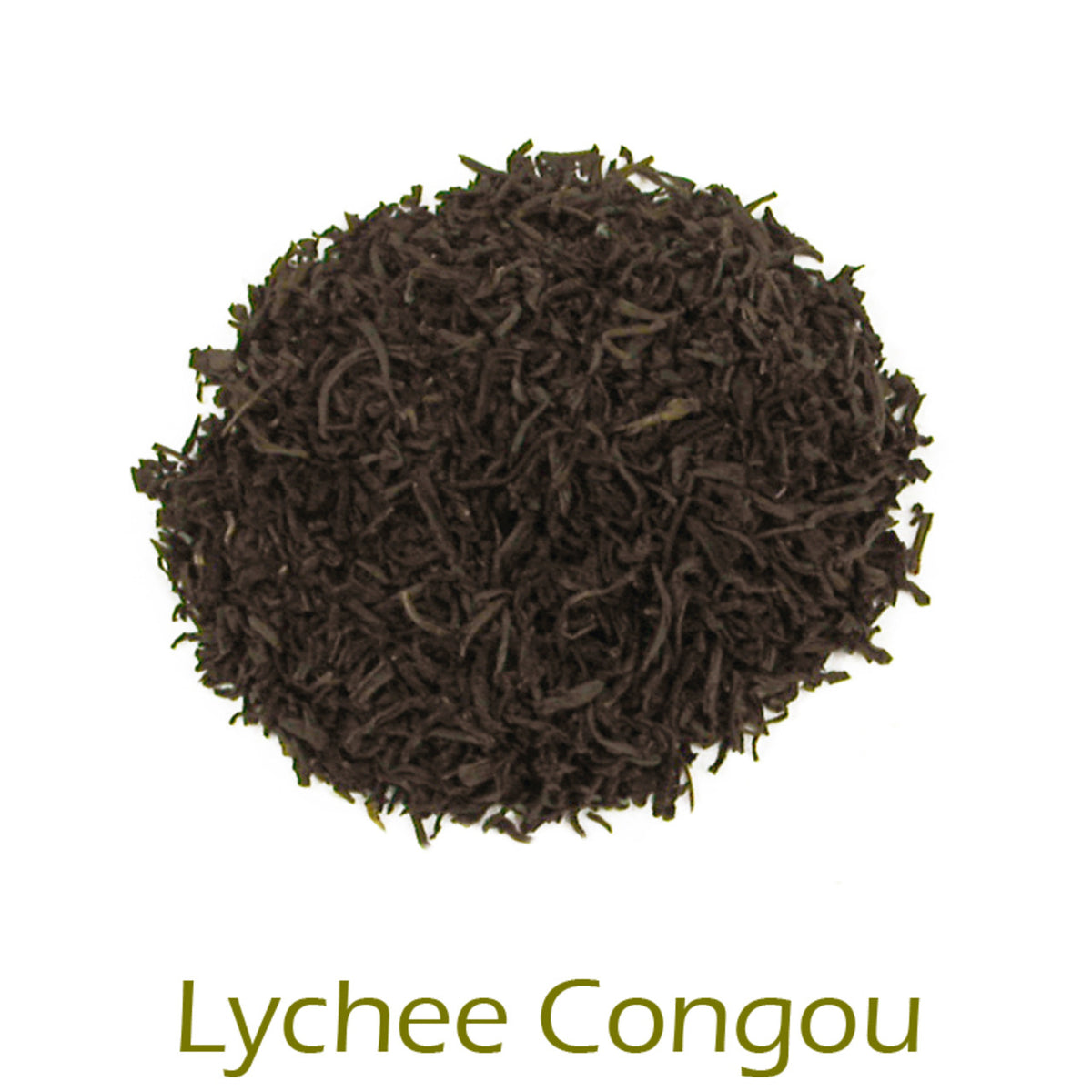 Lychee Congou loose-leaf tea in a circular pattern on a white background with product name callout at the bottom