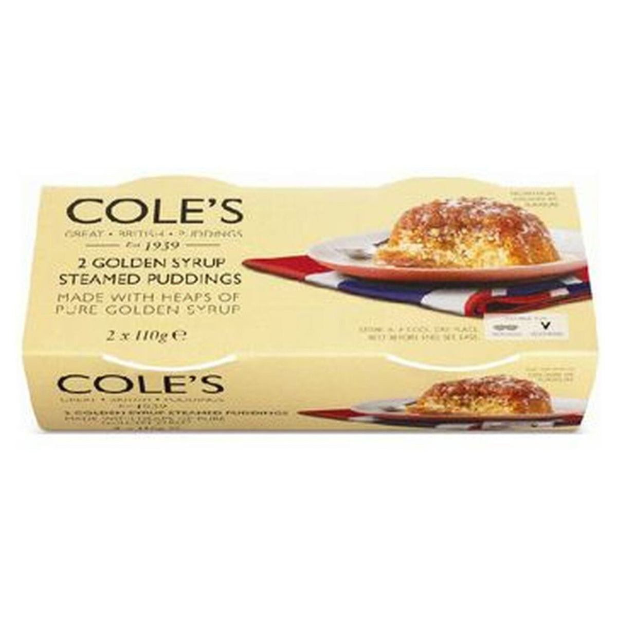 Box of Cole's Golden Syrup Steamed Puddings on a white background