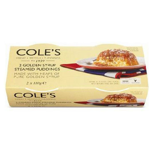 Box of Cole's Golden Syrup Steamed Puddings on a white background
