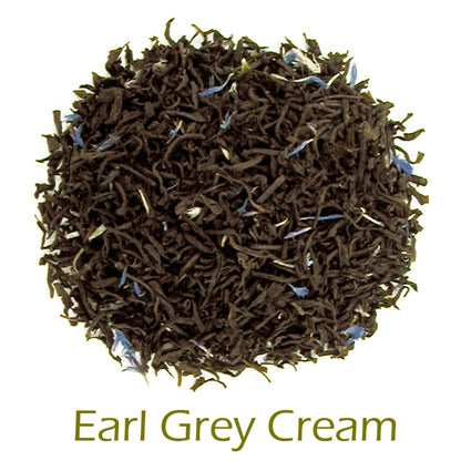 Early Grey Cream loose-leaf tea on a white background with product title text callout at bottom