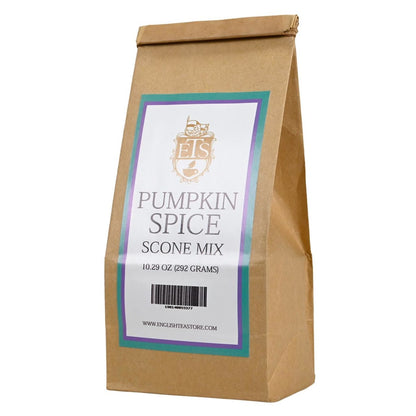 Kraft paper bag of pumpkin spice scone mix with a label on a white background