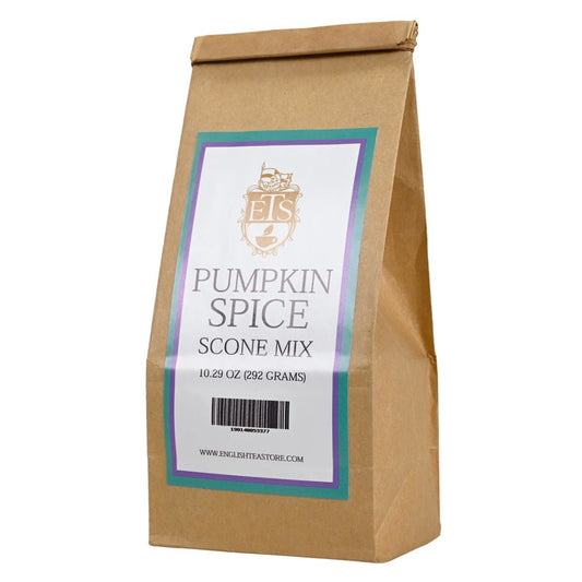 Kraft paper bag of pumpkin spice scone mix with a label on a white background