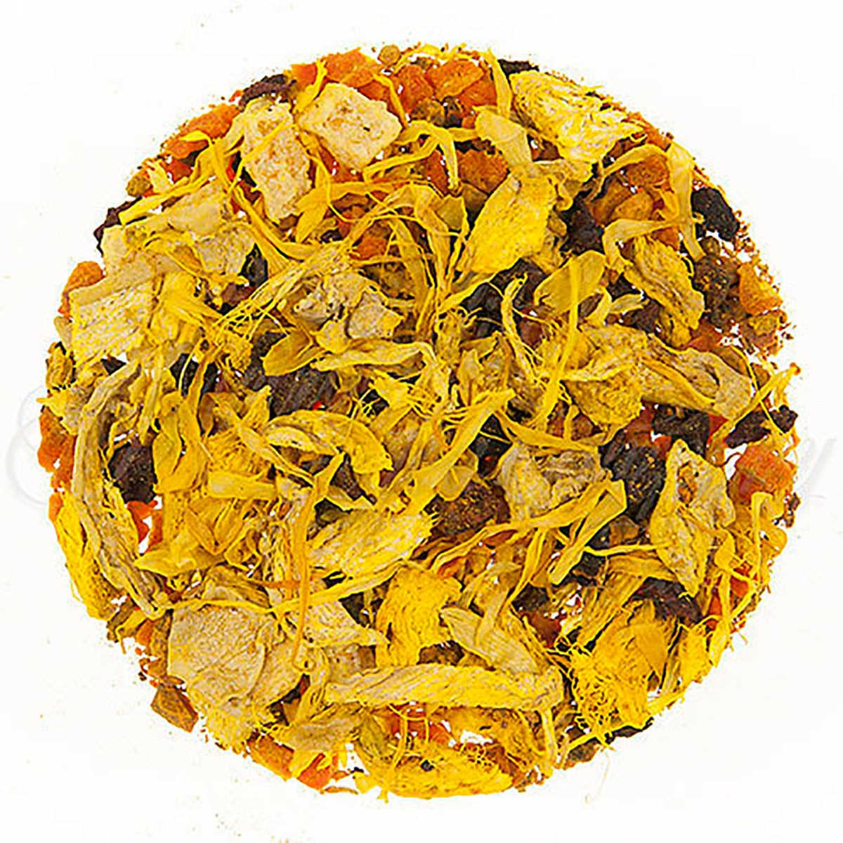 Close-up of a round ball of dried tea leaves, dried yellow flower petals, and dried fruit pieces on a white background