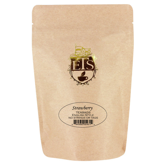 Kraft paper packaging of strawberry teabags with a logo and text on a white background