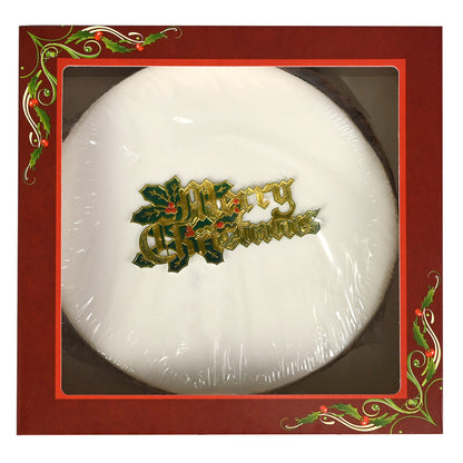 A red box of Norfolk Manor Christmas Fruit Cake with a translucent plastic window displaying the white icing of the cake with a decorative Merry Christmas topper.