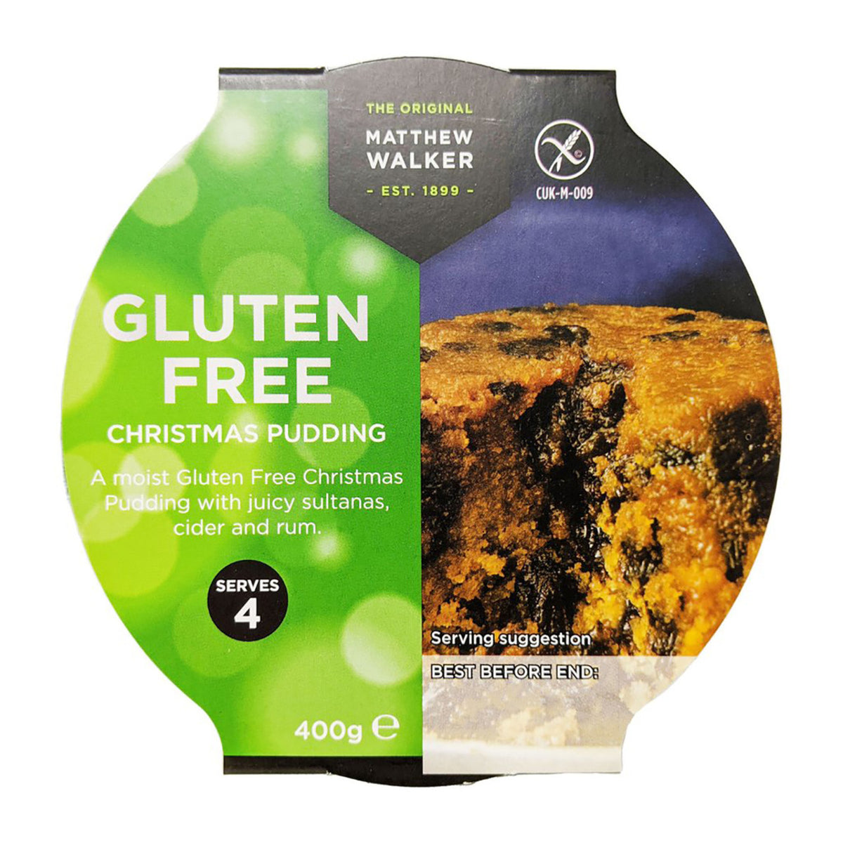 Gluten-free Christmas pudding packaging with green and black design, featuring the brand 'Matthew Walker'.