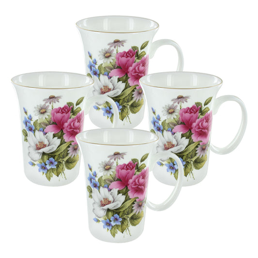 Set of four floral mugs on a white background