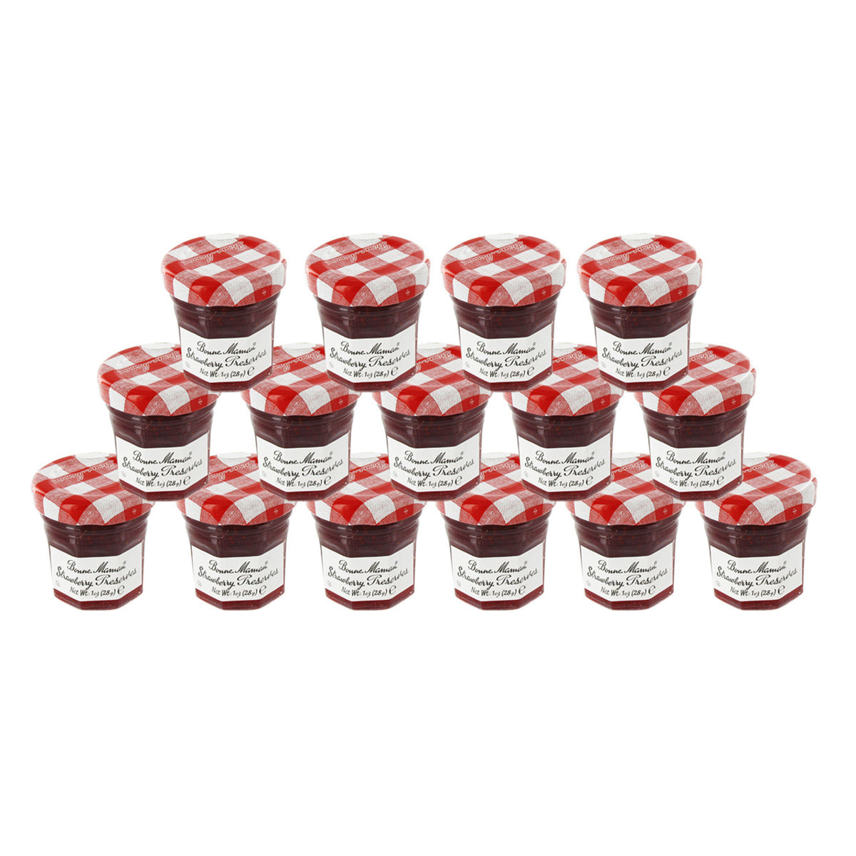 15 small jars of Bonne Maman Strawberry Preserves with a red and white checkered lid.