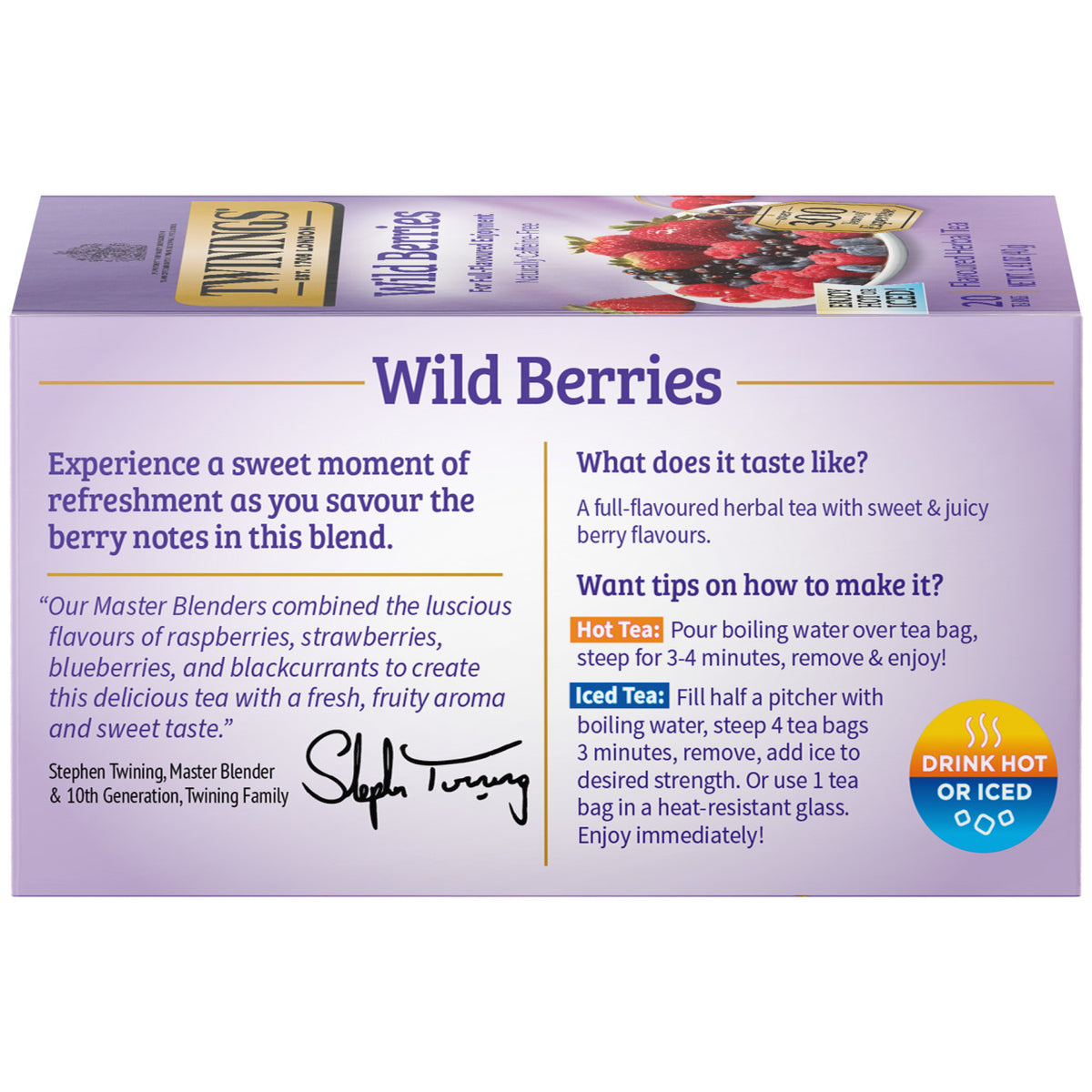 Box of Twinings Wild Berries tea with text and branding.