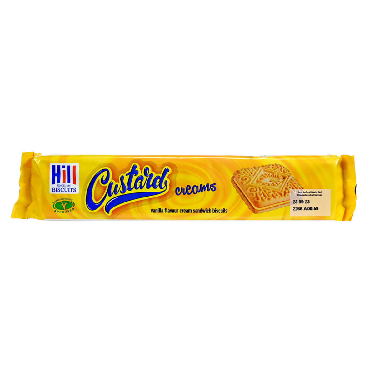 Pack of Hill Biscuits Custard Creams on a white background