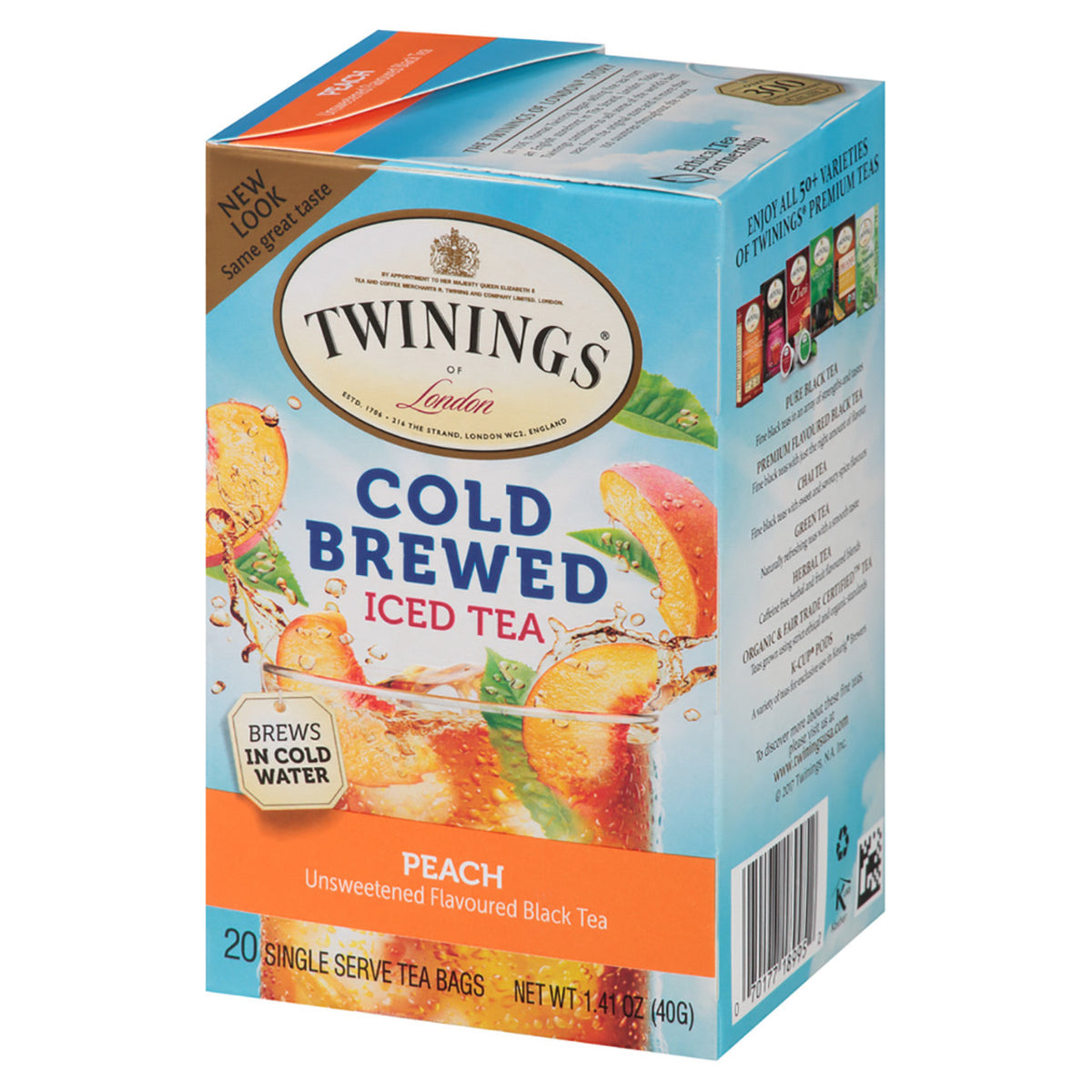 Box of Twinings Cold Brewed Peach Iced Tea on a white background