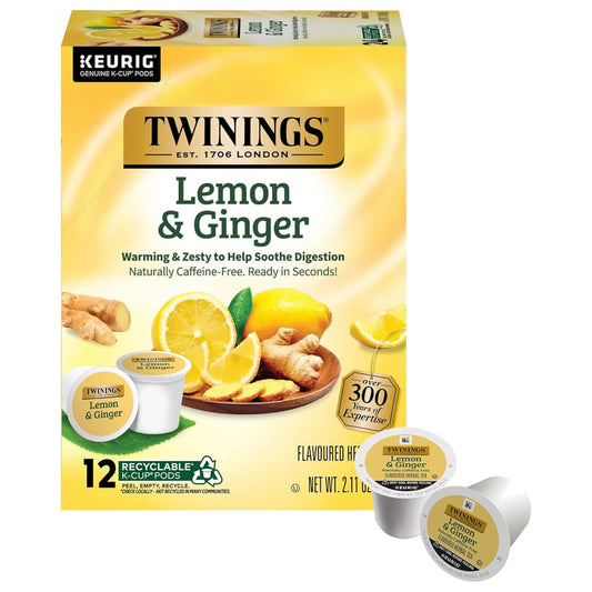 Box of Twinings Lemon & Ginger tea K-cups with lemon and ginger imagery on a white background