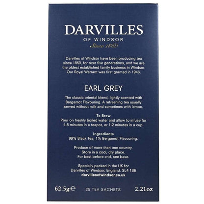 Side of a box of Darvilles of Windsor Earl Grey Tea in navy color with white text featuring branding, ingredients, and brewing instructions.