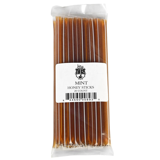 Pack of mint honey sticks with a white label on a white background