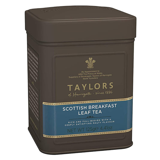 Taylors of Harrogate Scottish Breakfast Leaf Tea canister on a white background