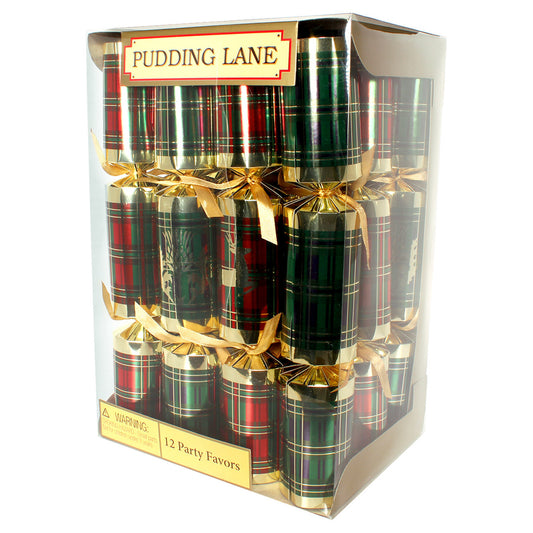 Pack of Christmas crackers by Pudding Lane with green and red tartan design, displayed in a clear packaging box.