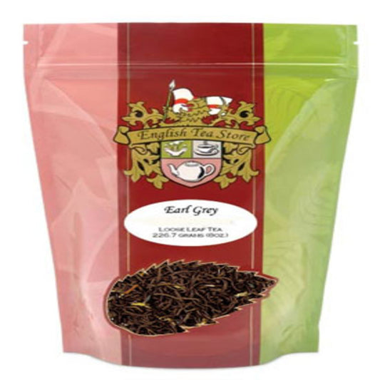 Tea package with 'English Tea Store' logo and Earl Grey tea leaves on a red and green background
