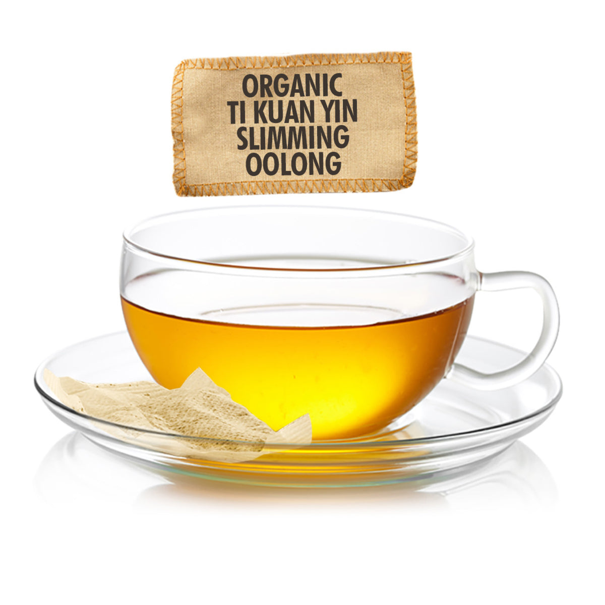 Glass cup of tea with a tea bag labeled 'Organic Ti Kuan Yin Slimming Oolong' on a white background