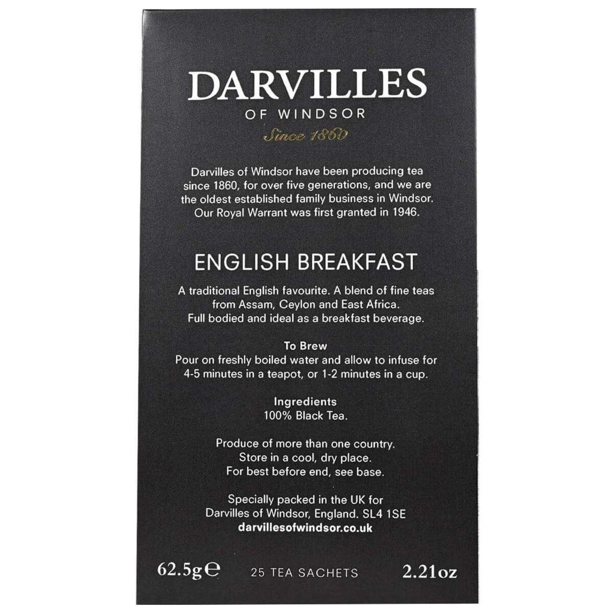 Darvilles of Windsor English Breakfast tea packaging with text and branding.