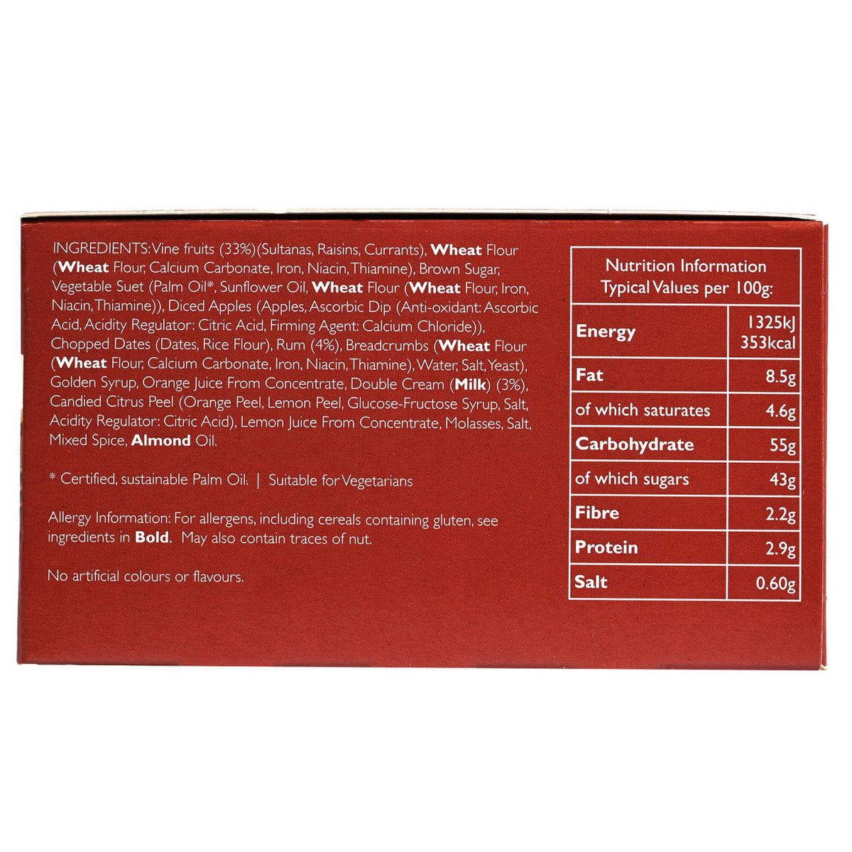 Cole’s Rum & Double Cream Christmas Pudding nutrition label on a red box with white text