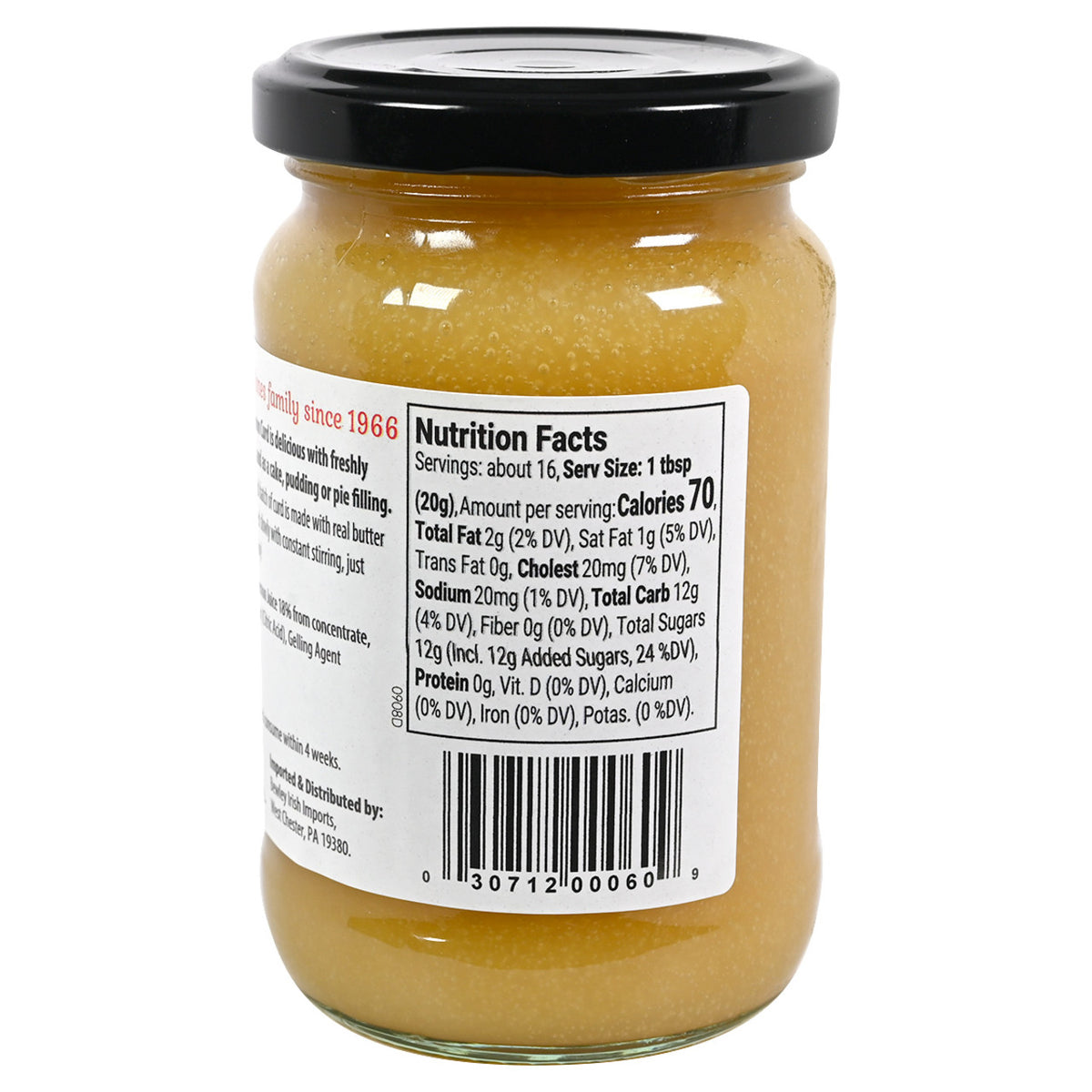 Jar of Welsh Lady Lemon Curd with a nutrition facts label on a white background
