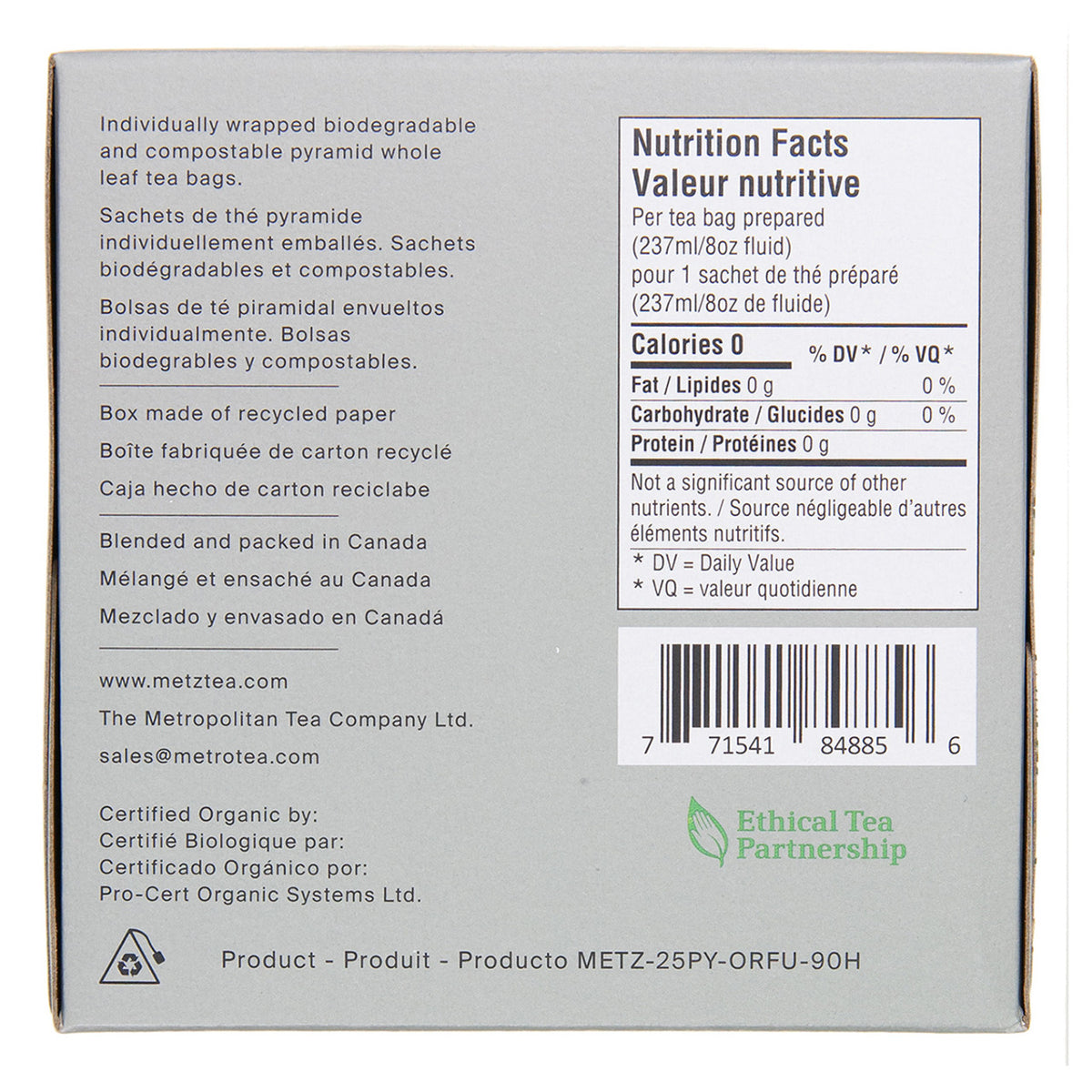 Back of a tea box with nutritional information and branding details.