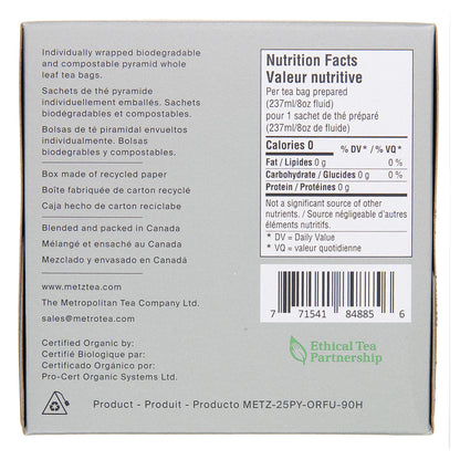 Back of a tea box with nutritional information and branding details.