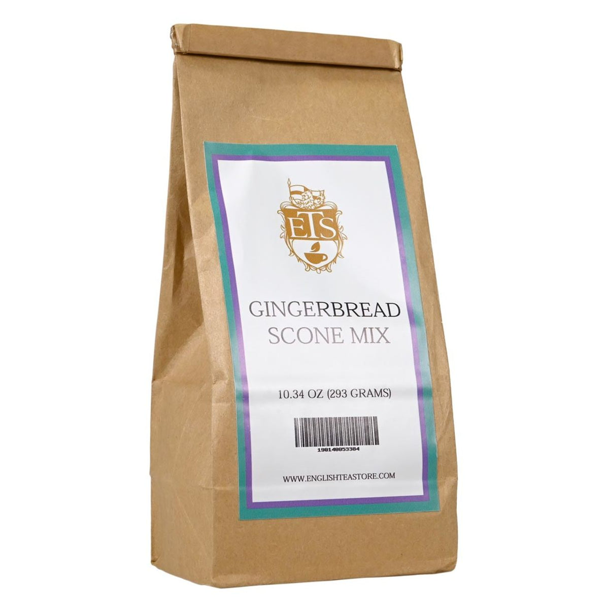 Kraft paper bag of Gingerbread Scone Mix with a label on a white background
