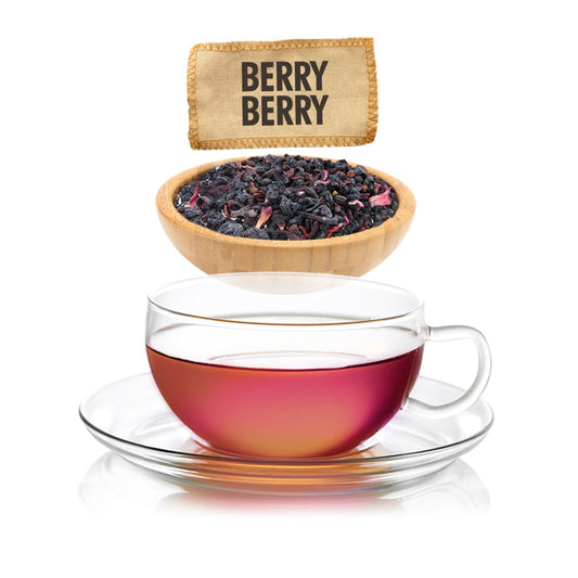 Glass teacup with berry tea, wooden bowl of dried berries, and 'Berry Berry' label on a white background