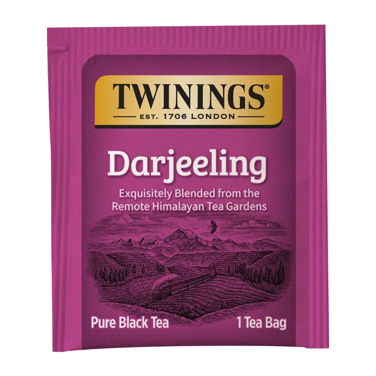 Twinings Darjeeling tea bag packaging on a white background