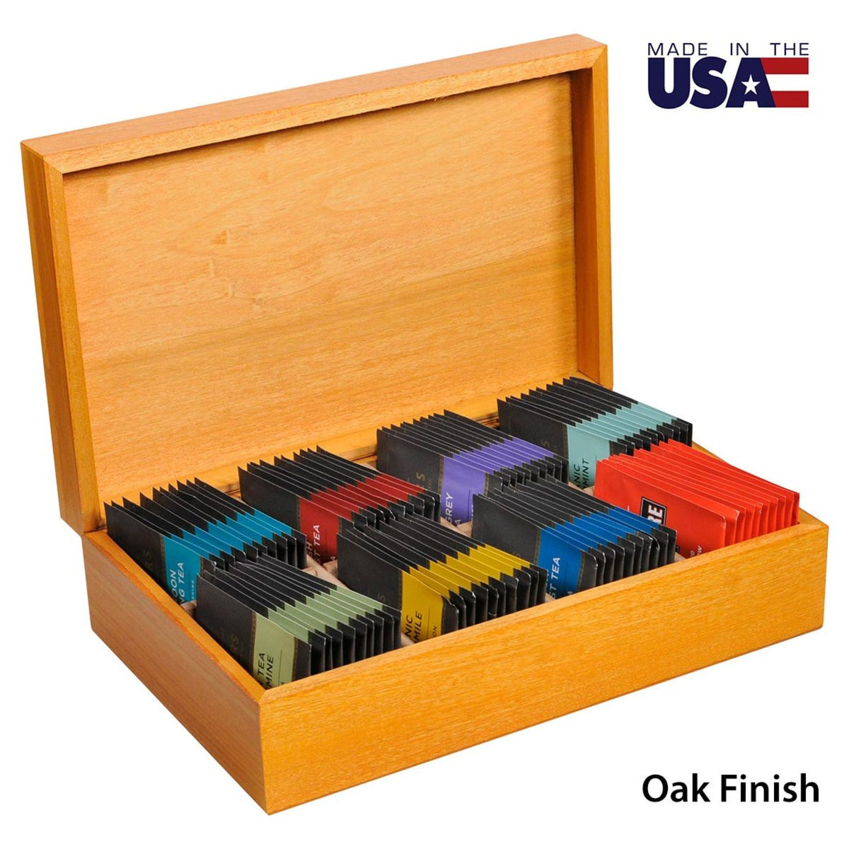 Wooden tea chest box with colorful individually wrapped teabags inside and call out for Made in the USA and Oak Finish on a white background
