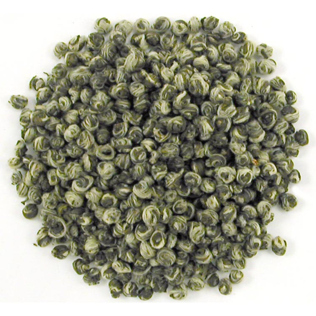 A close-up image of hand-rolled Jasmine Dragon Tears green tea pearls.