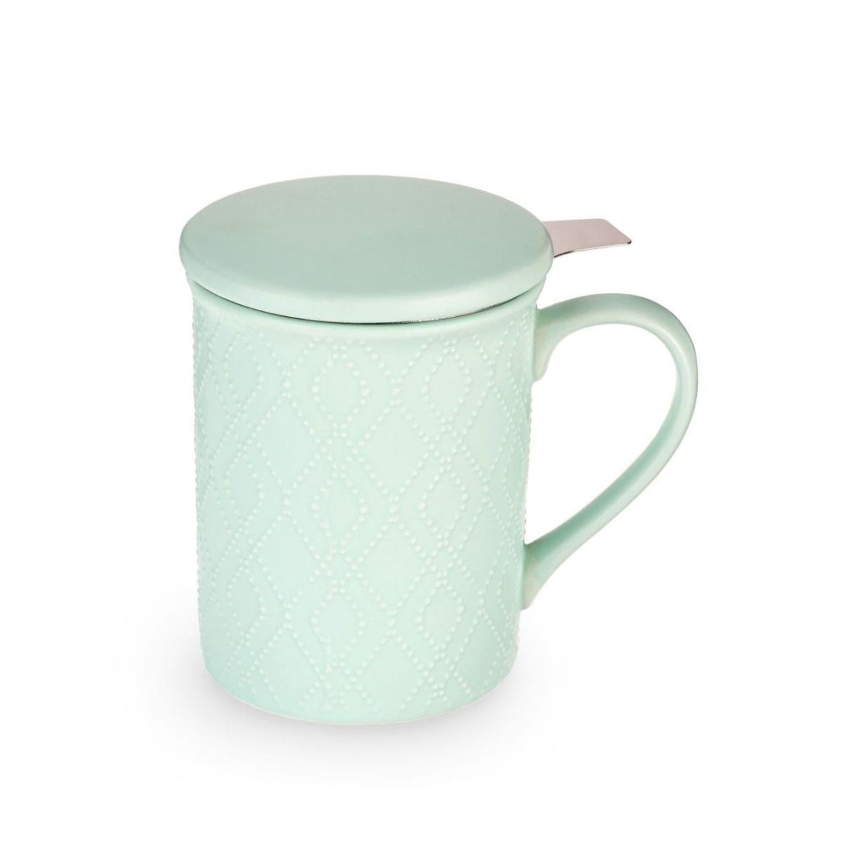 Mint green mug with lid and tea infuser on a white background