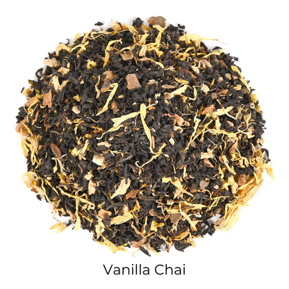 Vanilla Chai loose-leaf tea in a circular pattern on a white background with product name callout at the bottom