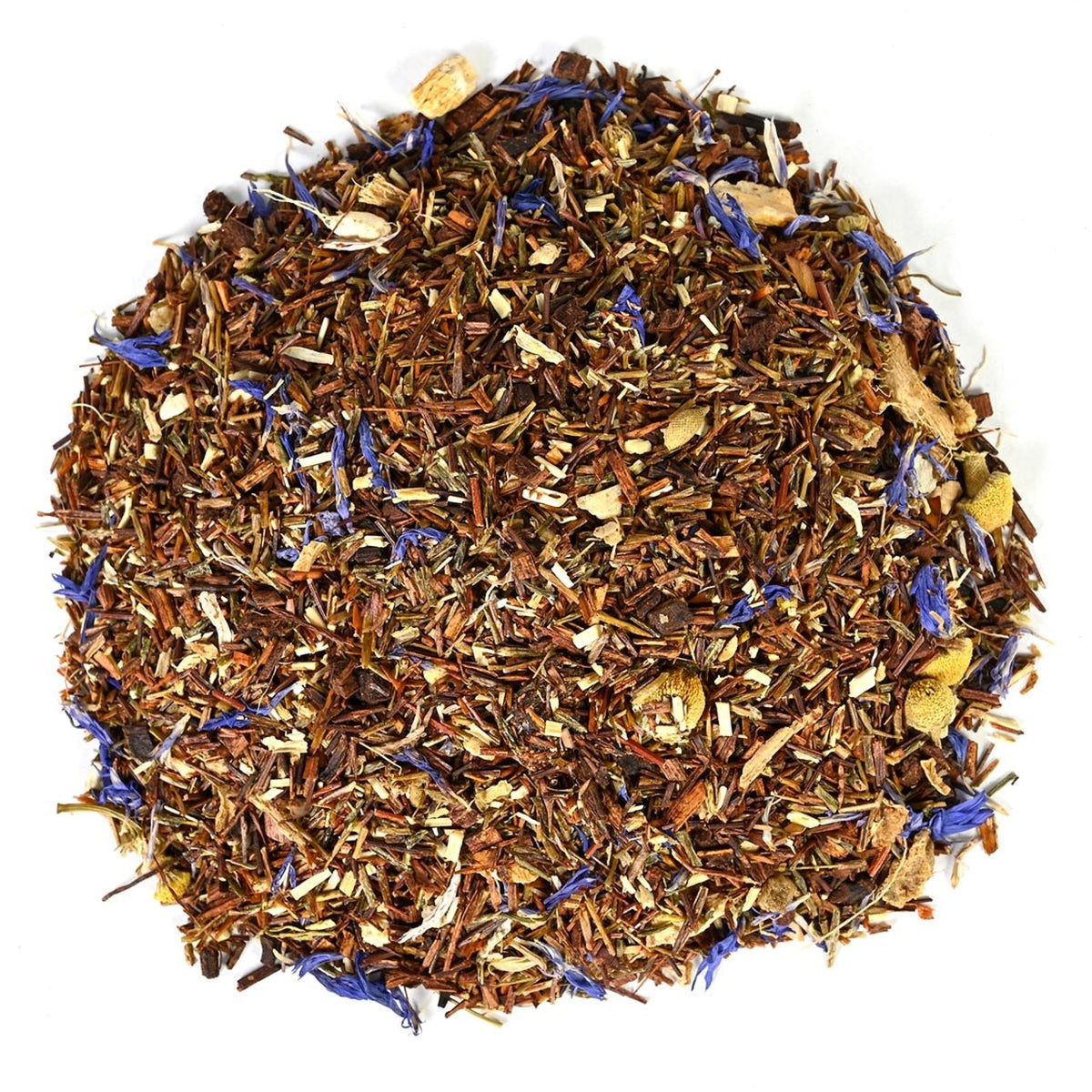 Round heap of brown herbal loose-leaf tea with blue flower petals.