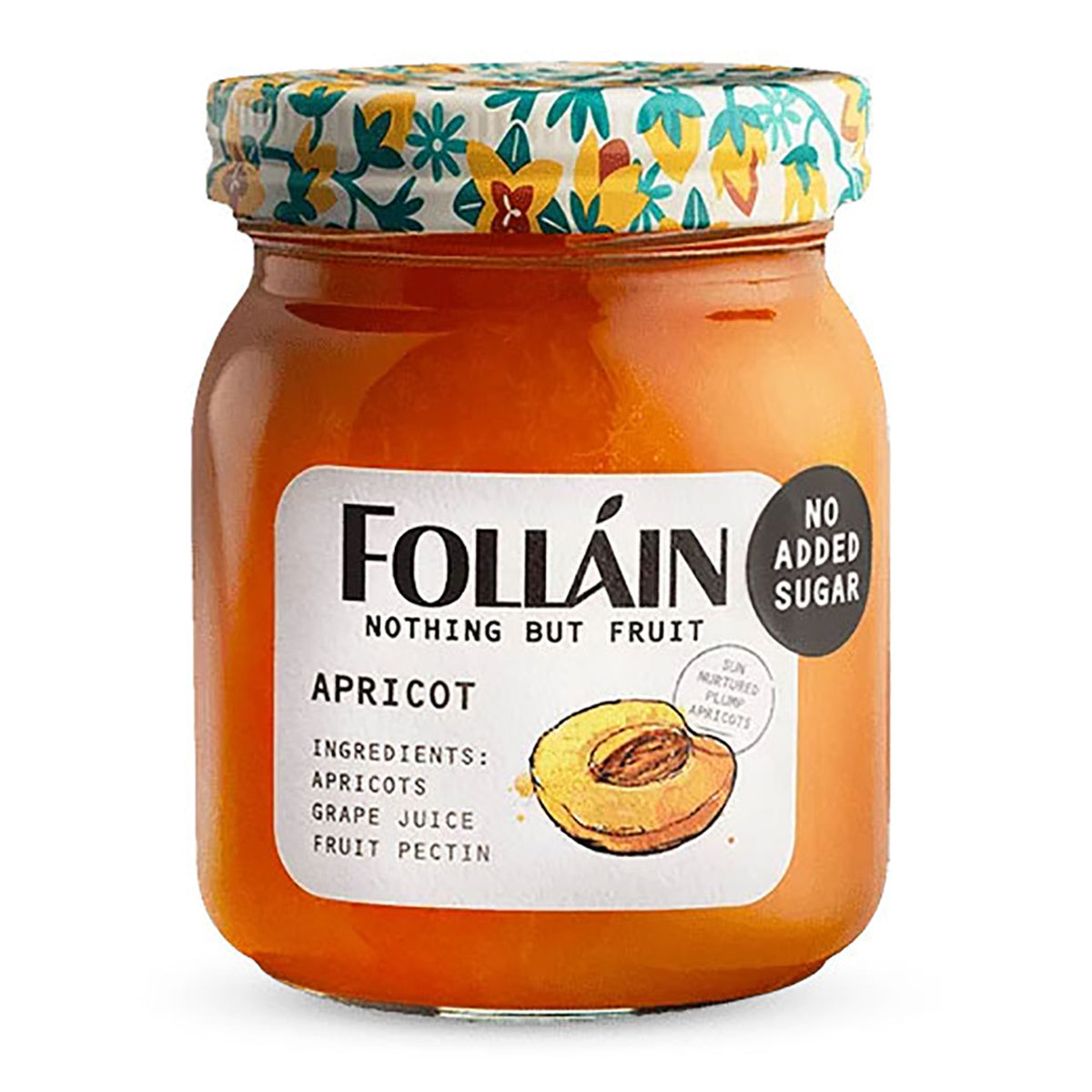Jar of Folláin apricot spread with a floral lid on a white background