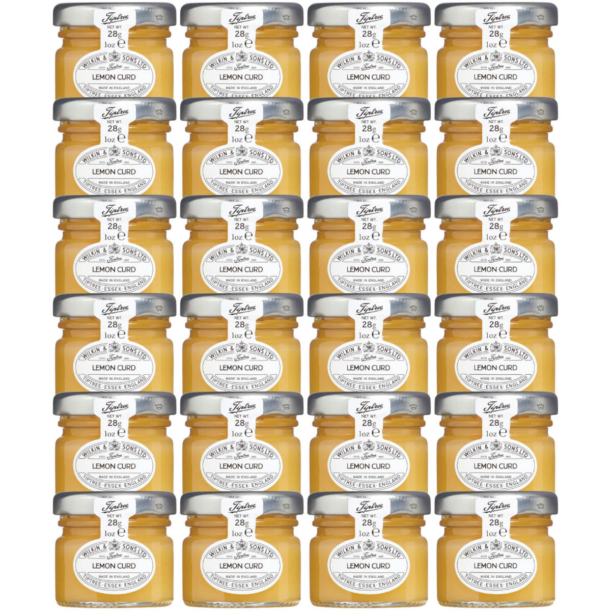 A stack of 24 mini jars of Tiptree Lemon Curd with a label indicating it is made in England, net weight 28g.
