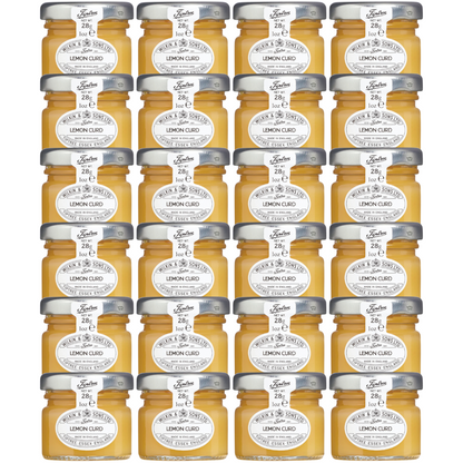 A stack of 24 mini jars of Tiptree Lemon Curd with a label indicating it is made in England, net weight 28g.