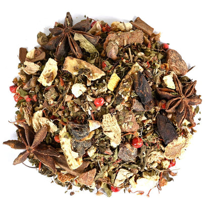 Assorted dried tea leaves, spices, and dried fruit pieces intermingled in a circle pile on a white background