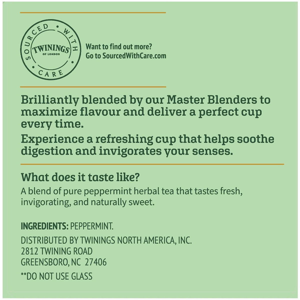 Tea packaging with Twinings branding and product description on a green background