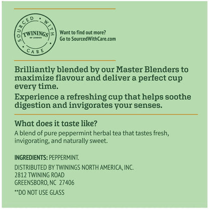 Tea packaging with Twinings branding and product description on a green background