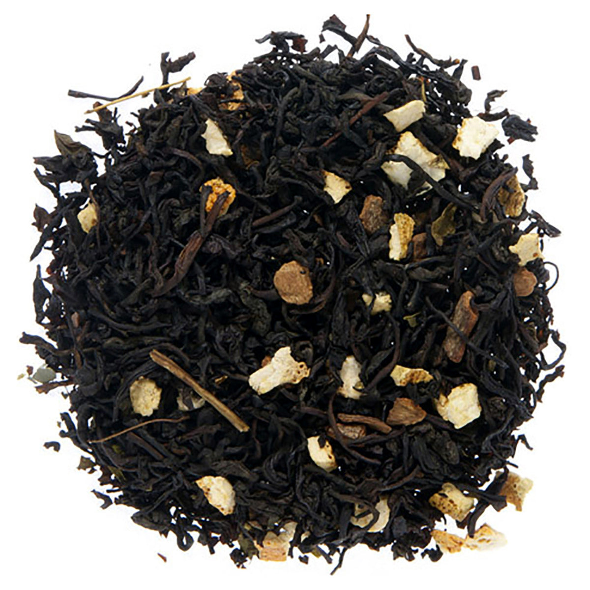 A close-up of Orange Spice Flavored Black Tea loose leaf, showing the tea leaves with pieces of orange and possibly other fruits incorporated throughout.