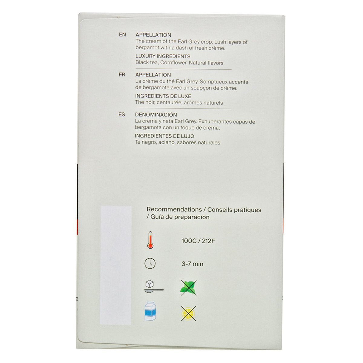 Tea package with text and icons on a white background