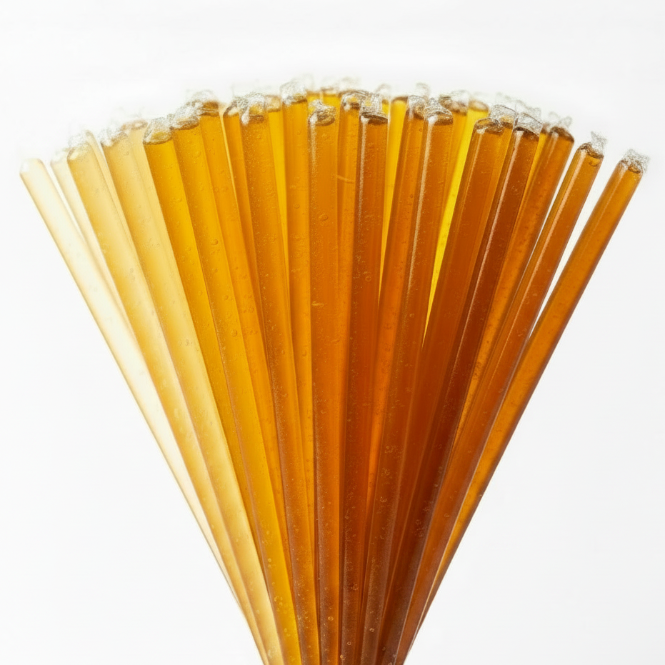 Bunch of honey filled straws tied together on a white background.
